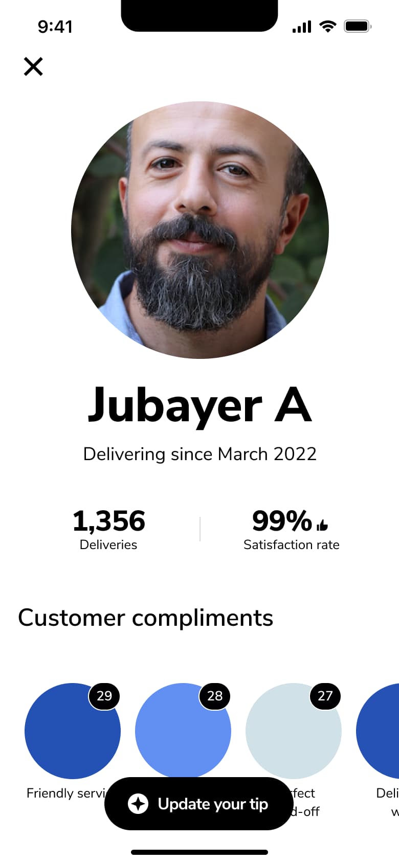 Courier profile: deliveries, satisfaction rate, compliments and update your tip.