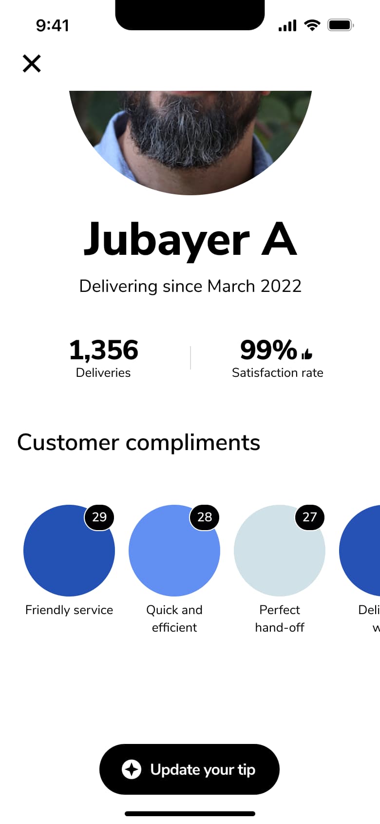 Courier profile scrolled to customer compliments badges.