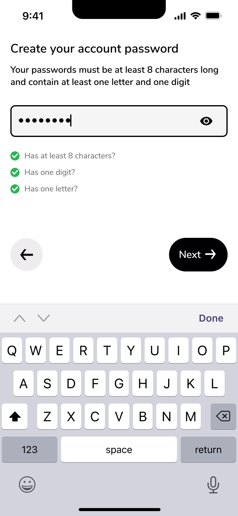 Password meets all rules, next enabled.