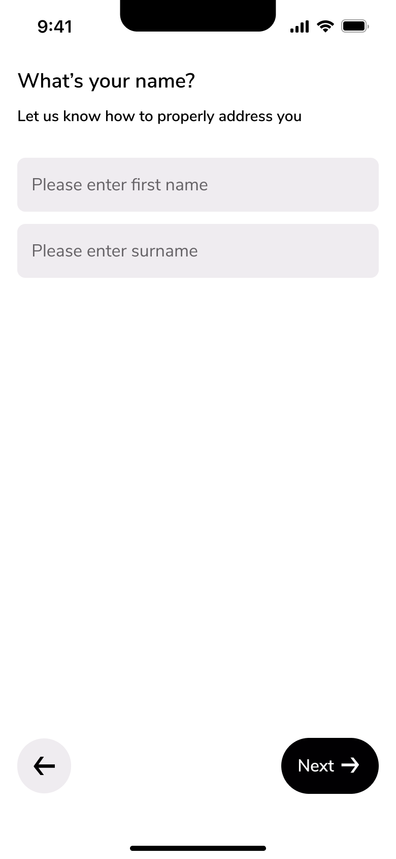 What's your name: first name and surname fields.