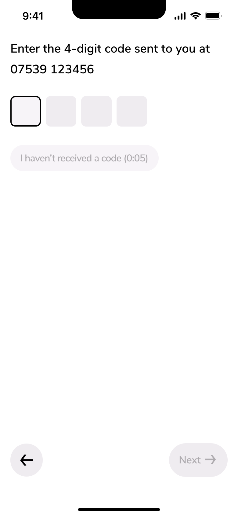Enter the four-digit code sent by SMS with resend countdown.
