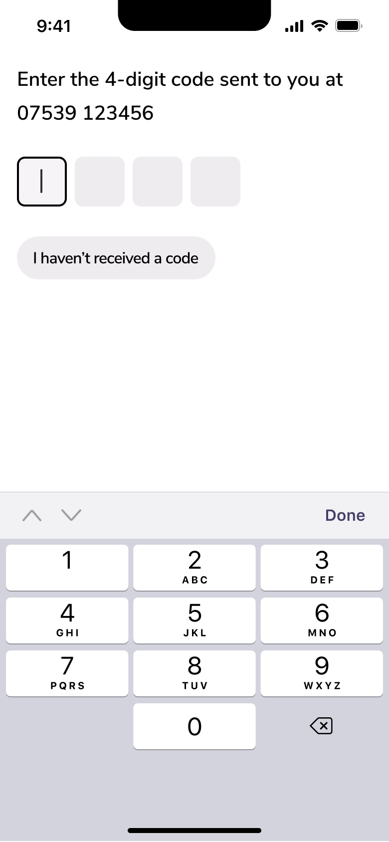 Four-digit code field focused with keypad.