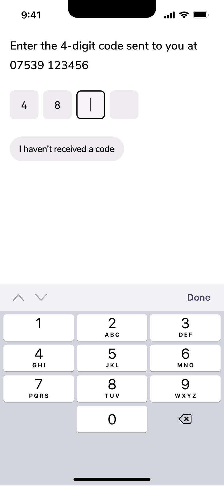 Four-digit SMS code partly entered.