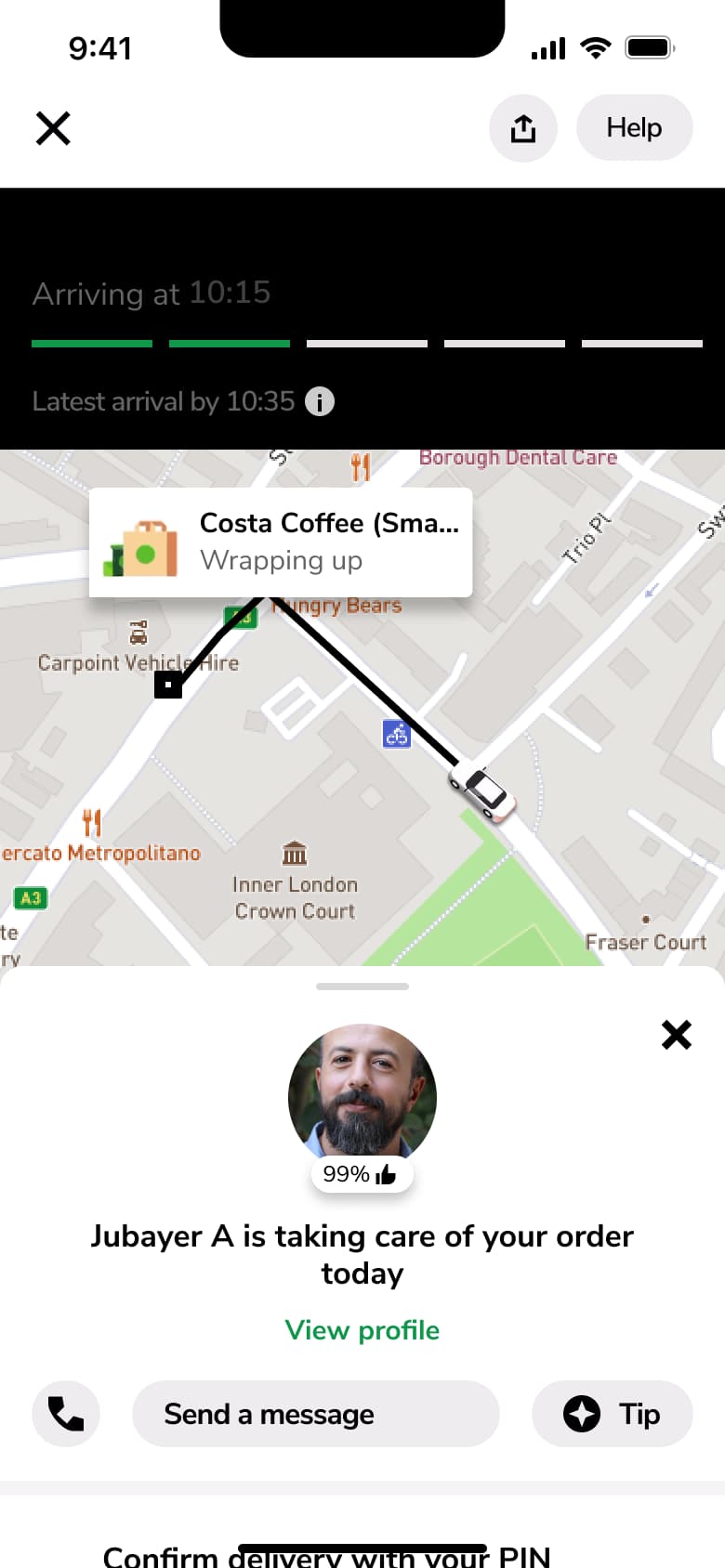 Delivery status map: store pin, wrapping up status and courier card.