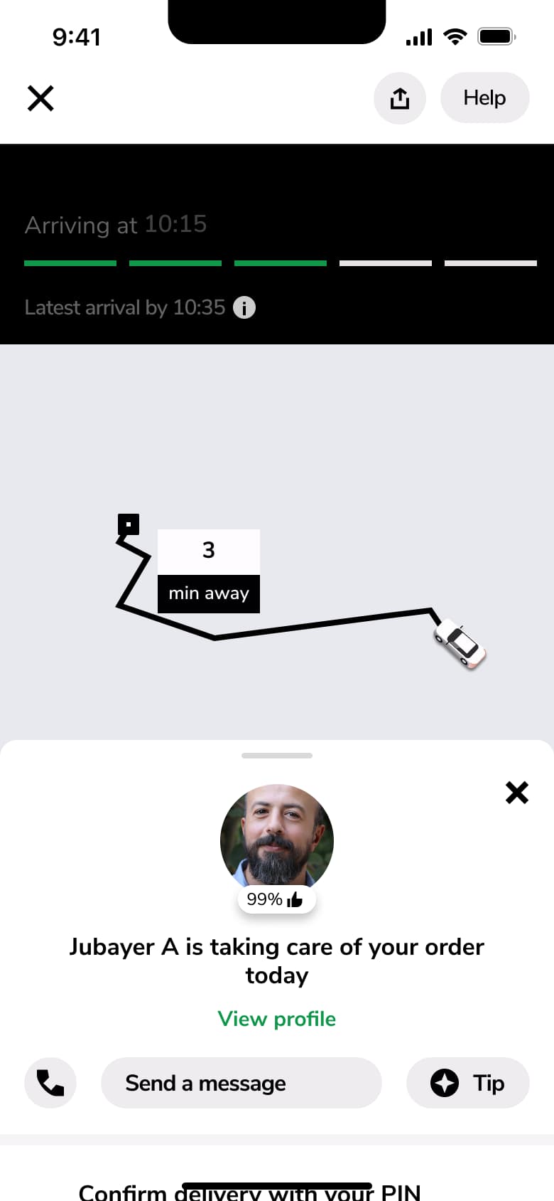 Courier three minutes away on route map.