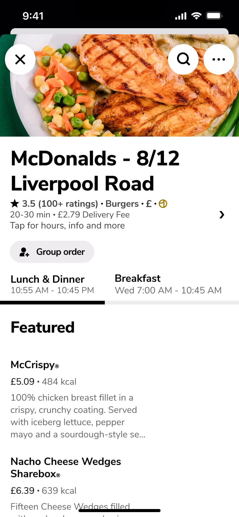 Fast food store page with menus by time and featured items.