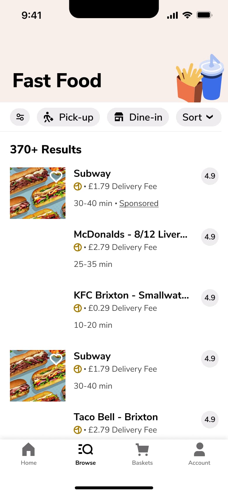Fast food category: filters, sort and restaurant results.