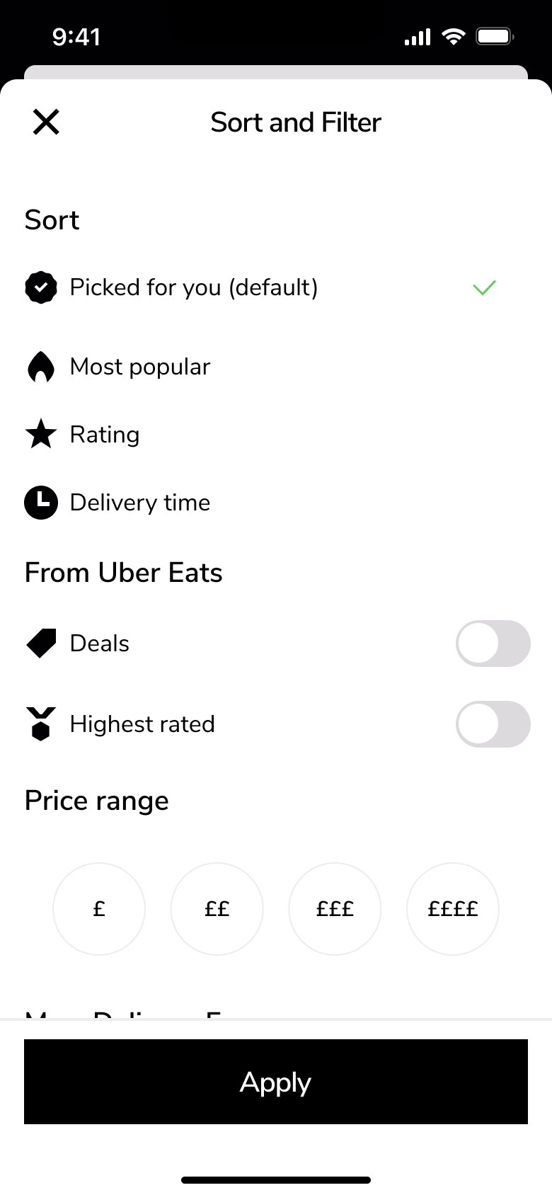 Sort and filter: sort options, deals and rating toggles, price range.