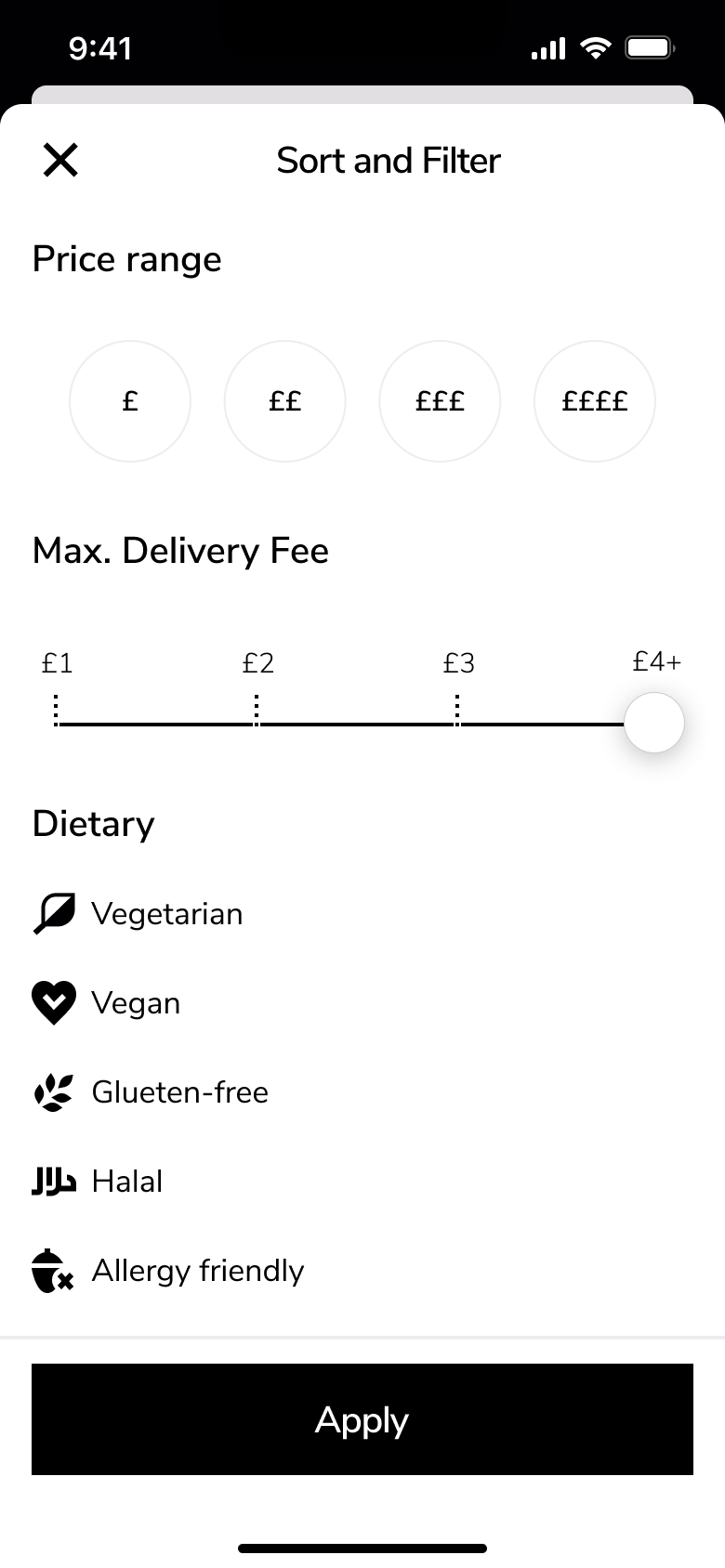 Sort and filter: price range, max delivery fee slider and dietary options.