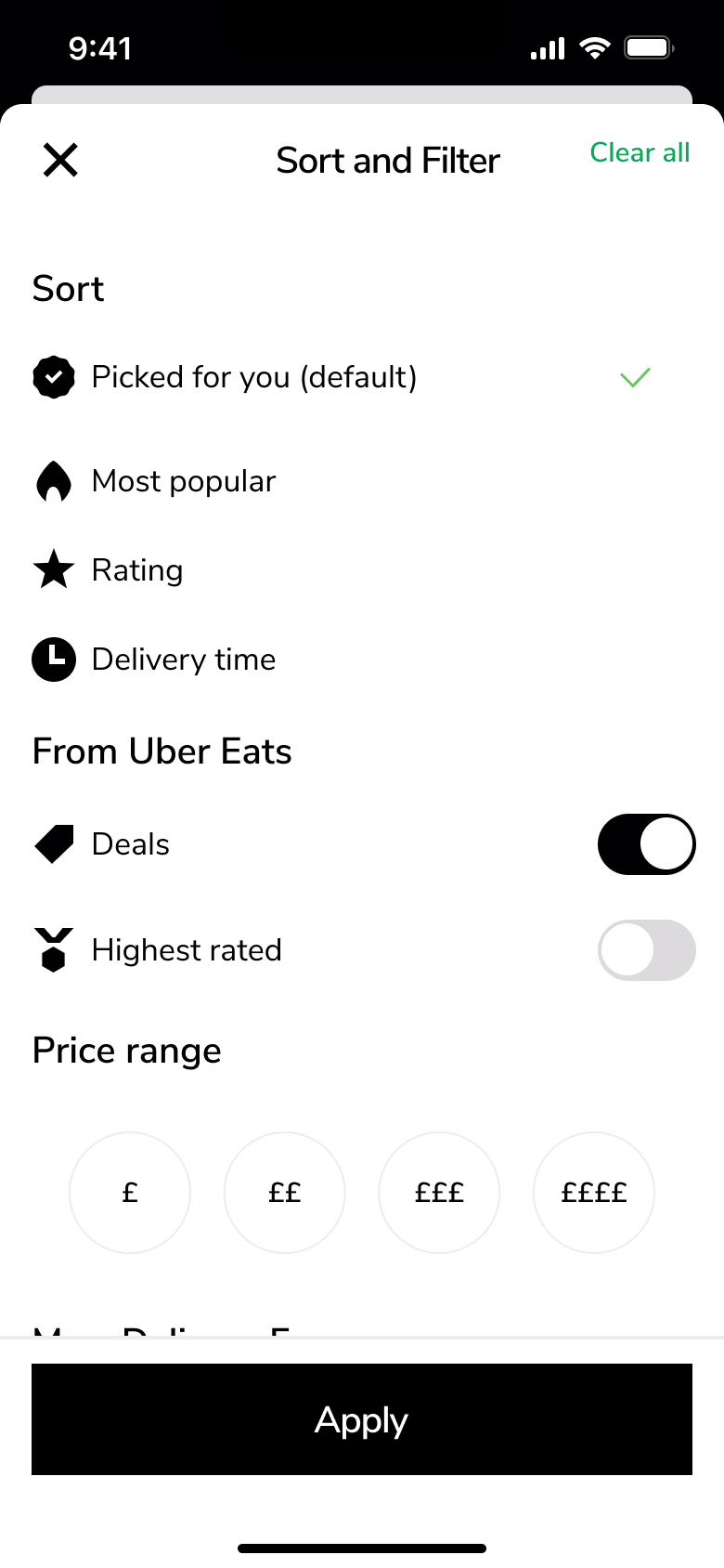 Sort and filter with deals toggle on and clear all.