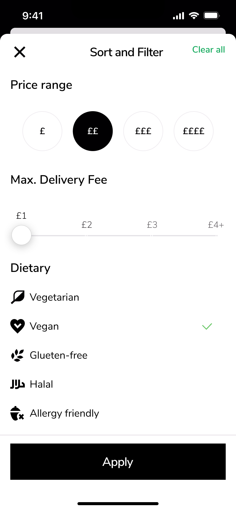 Dietary filter with vegan ticked.