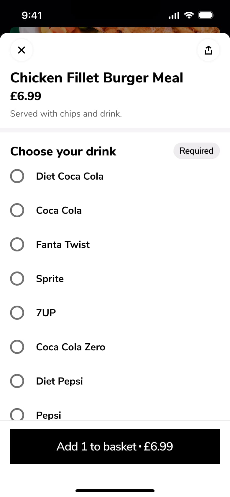 Item options: choose your drink, required, radio list and add to basket button.
