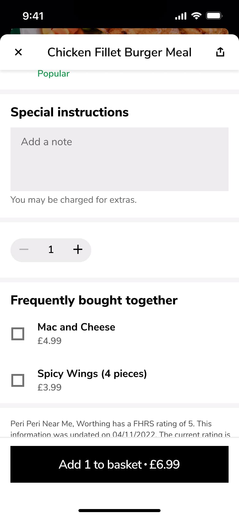 Special instructions note, quantity stepper and frequently bought together.