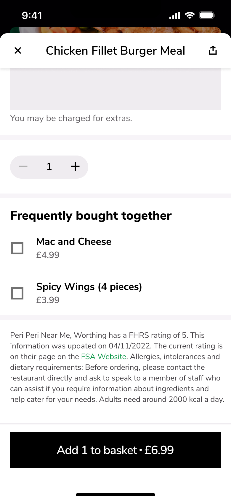 Item options end: quantity, add-ons and allergen note.