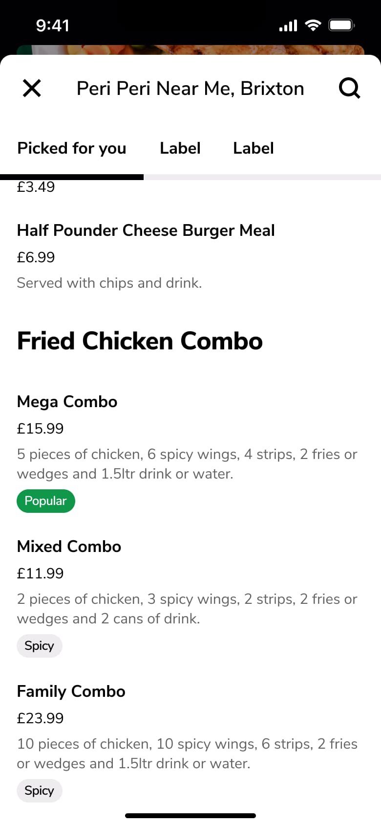 Restaurant menu scrolled with category tabs and combo items.