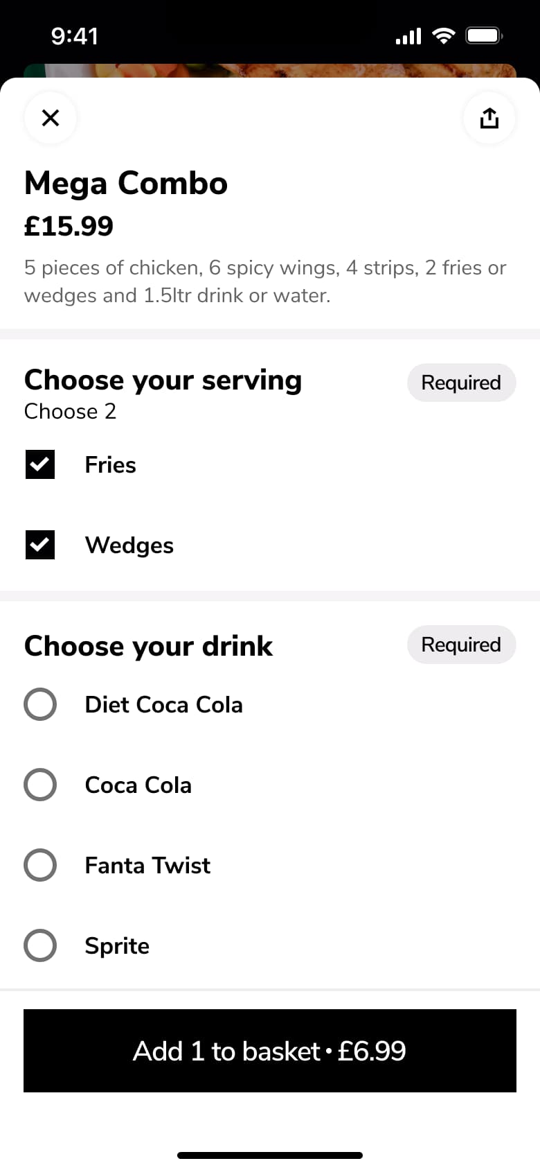 Combo options with two servings ticked and drink choice.