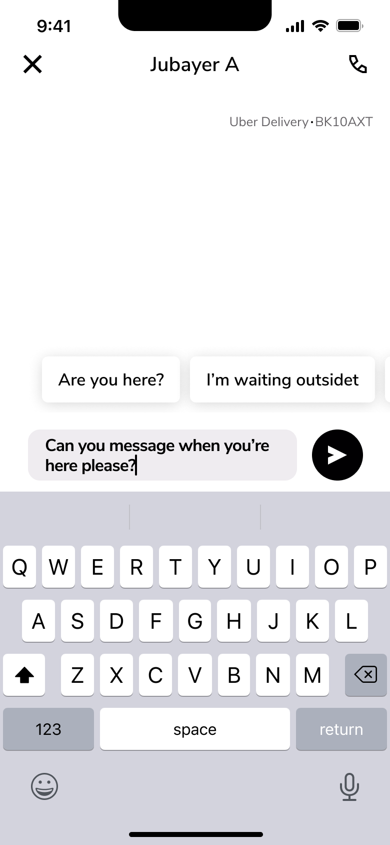 Longer message typed to the courier with send button.