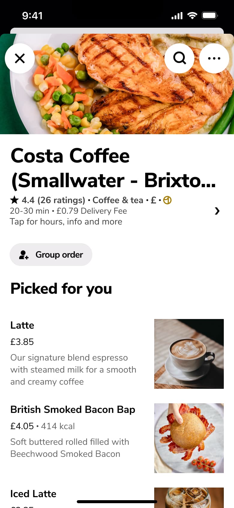Cafe store page with rating, fees, group order and picked for you items.