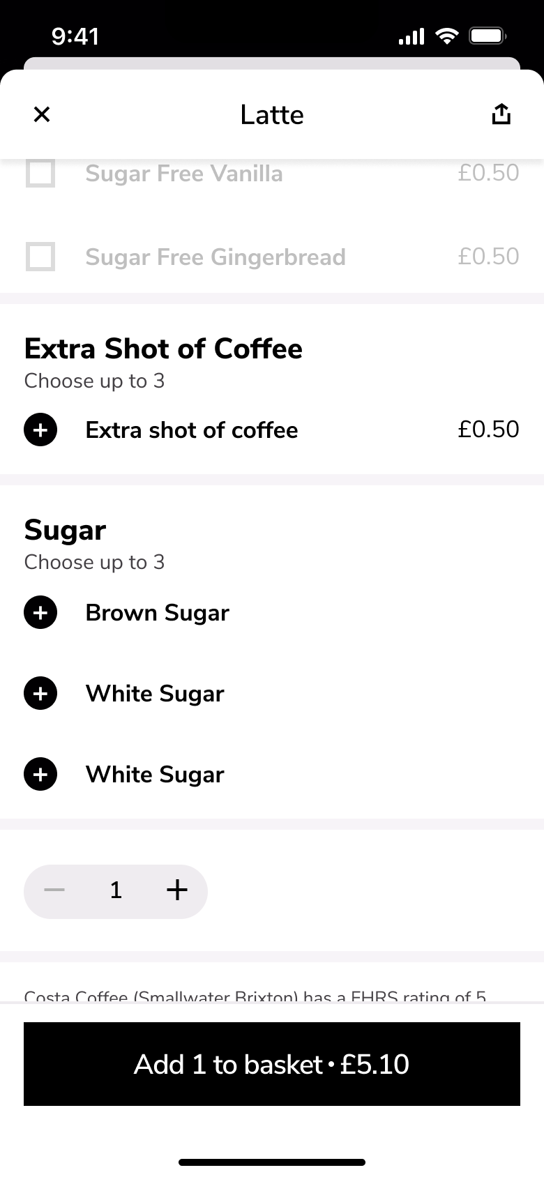 Extra shot and sugar options with quantity stepper.