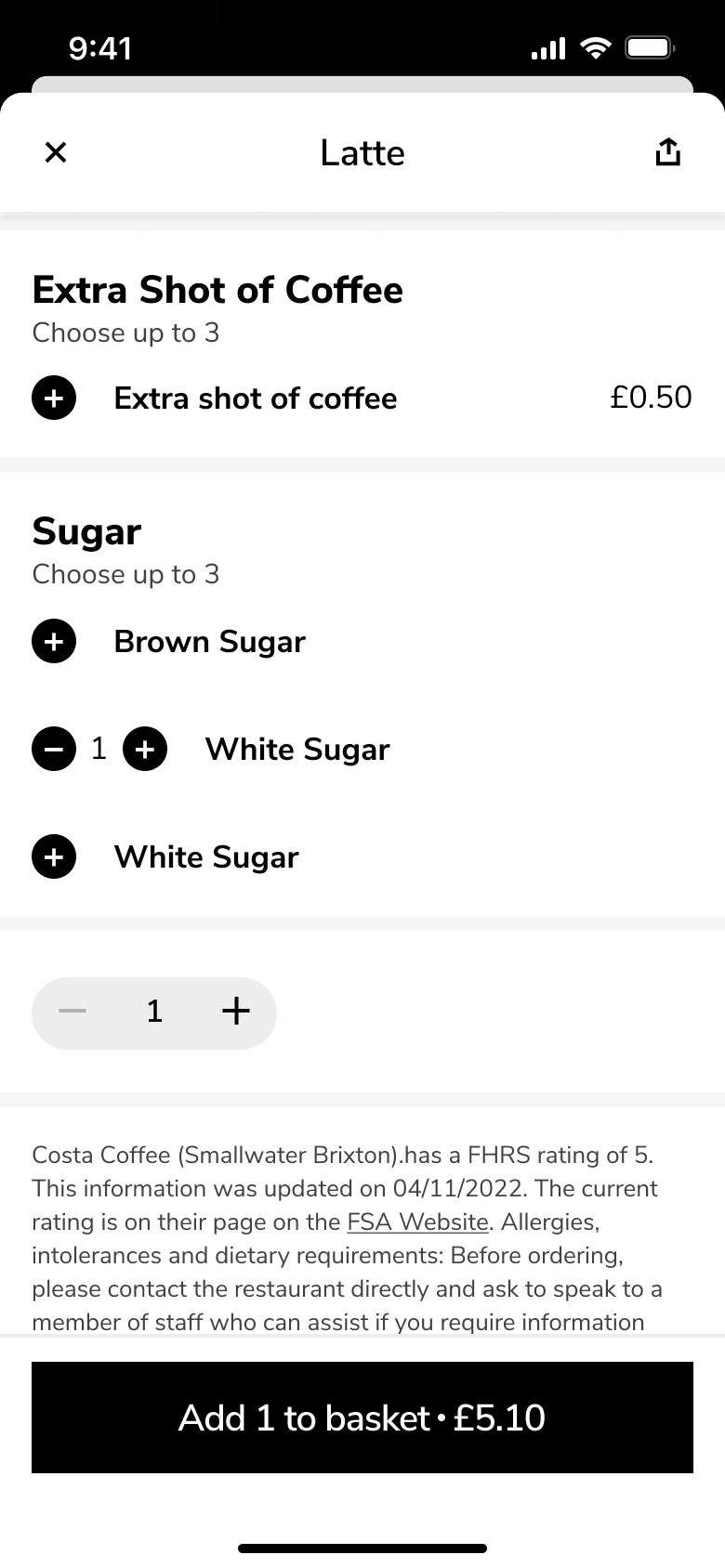 Sugar quantity stepper with one added.