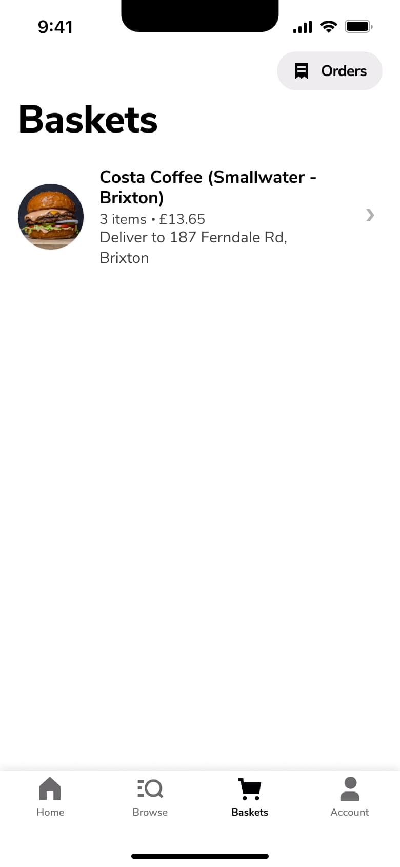 Baskets list with one store basket and delivery address.