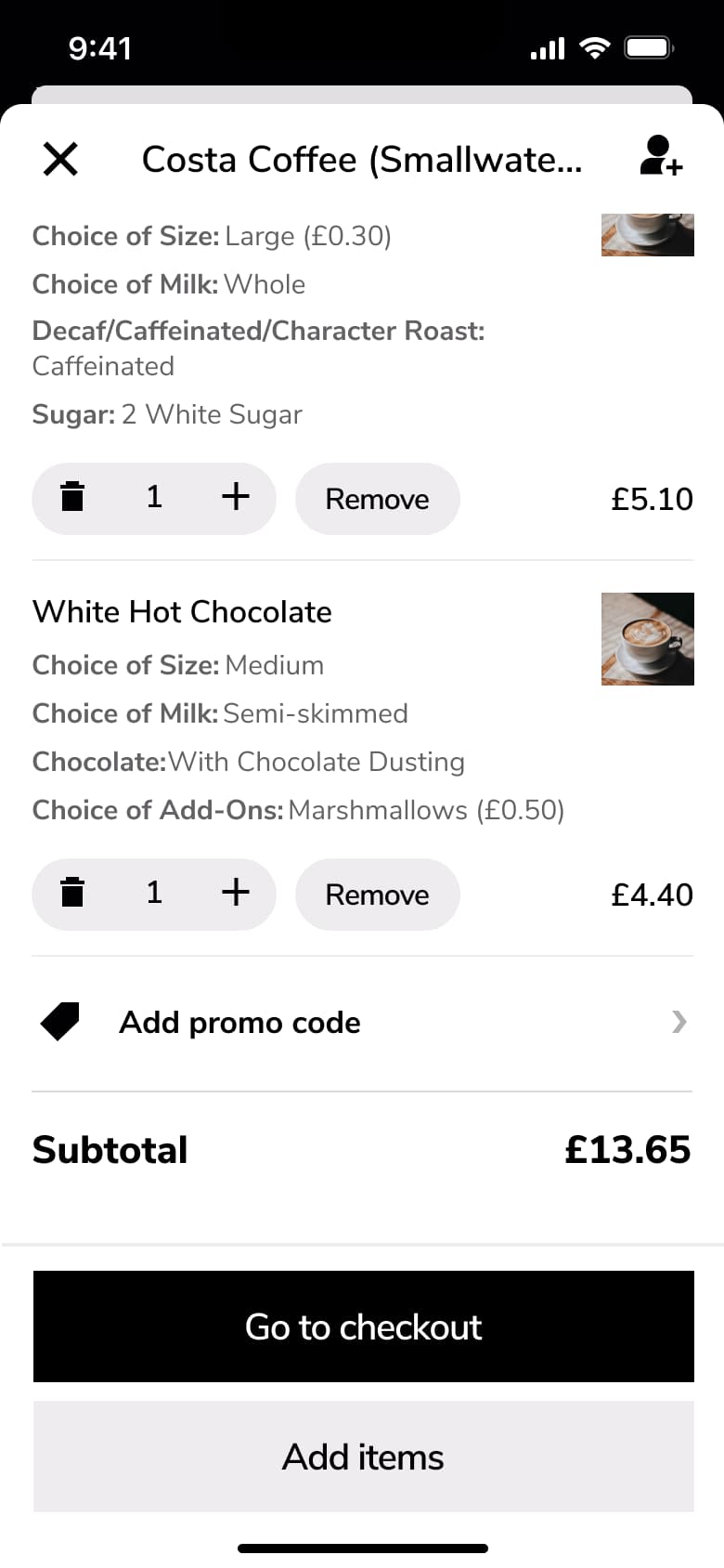 Basket items with options, promo code row, subtotal, go to checkout and add items.