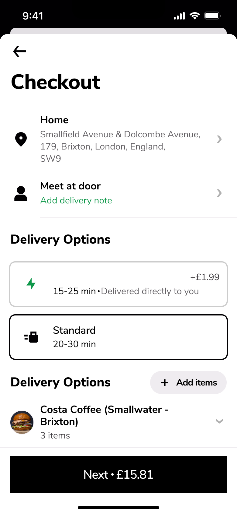 Checkout: address, drop-off option, priority or standard delivery and order items.