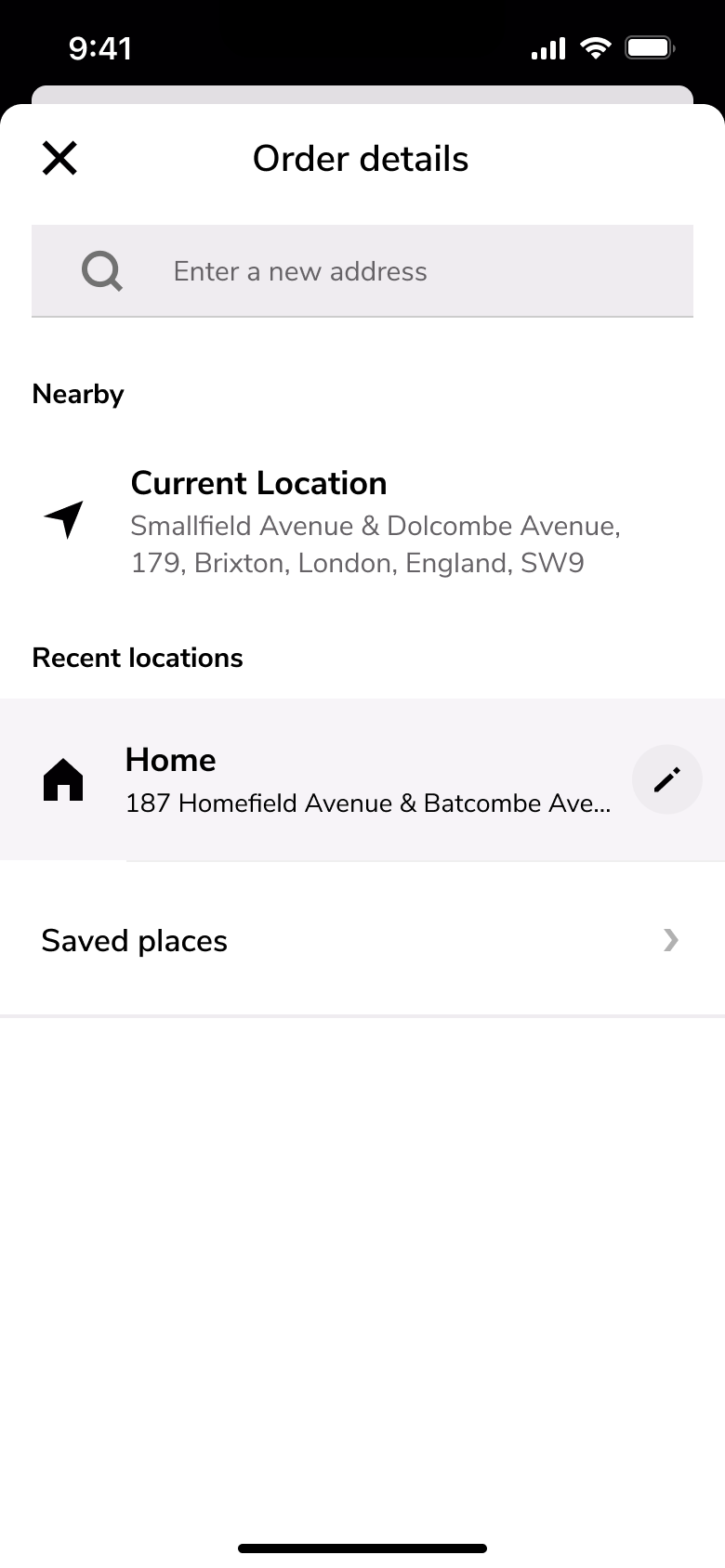 Order details address picker: new address, current location, recent and saved places.