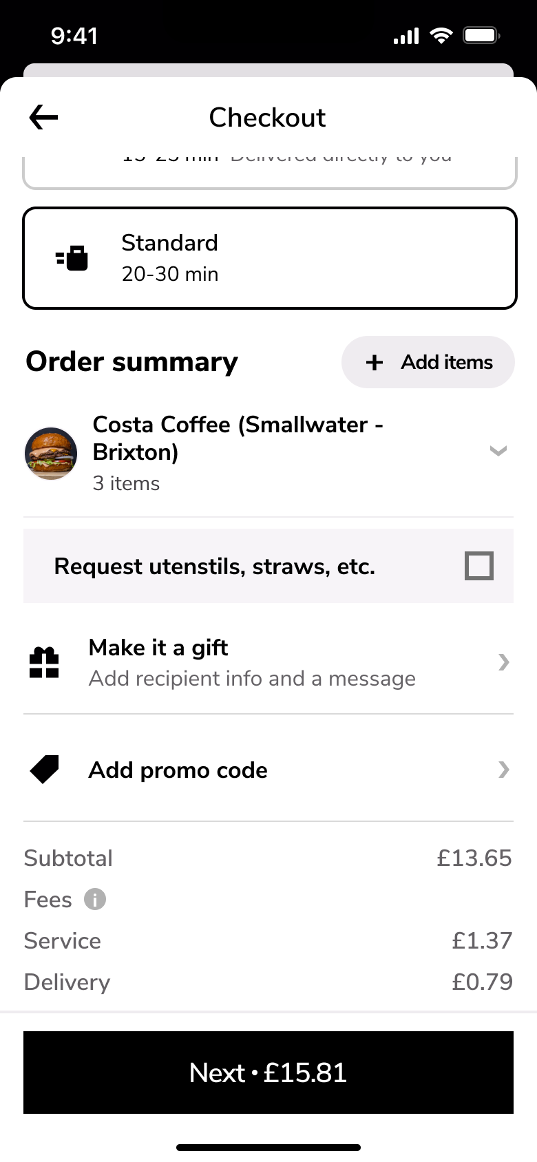 Checkout scrolled: order summary, utensils, gift, promo code and price summary.