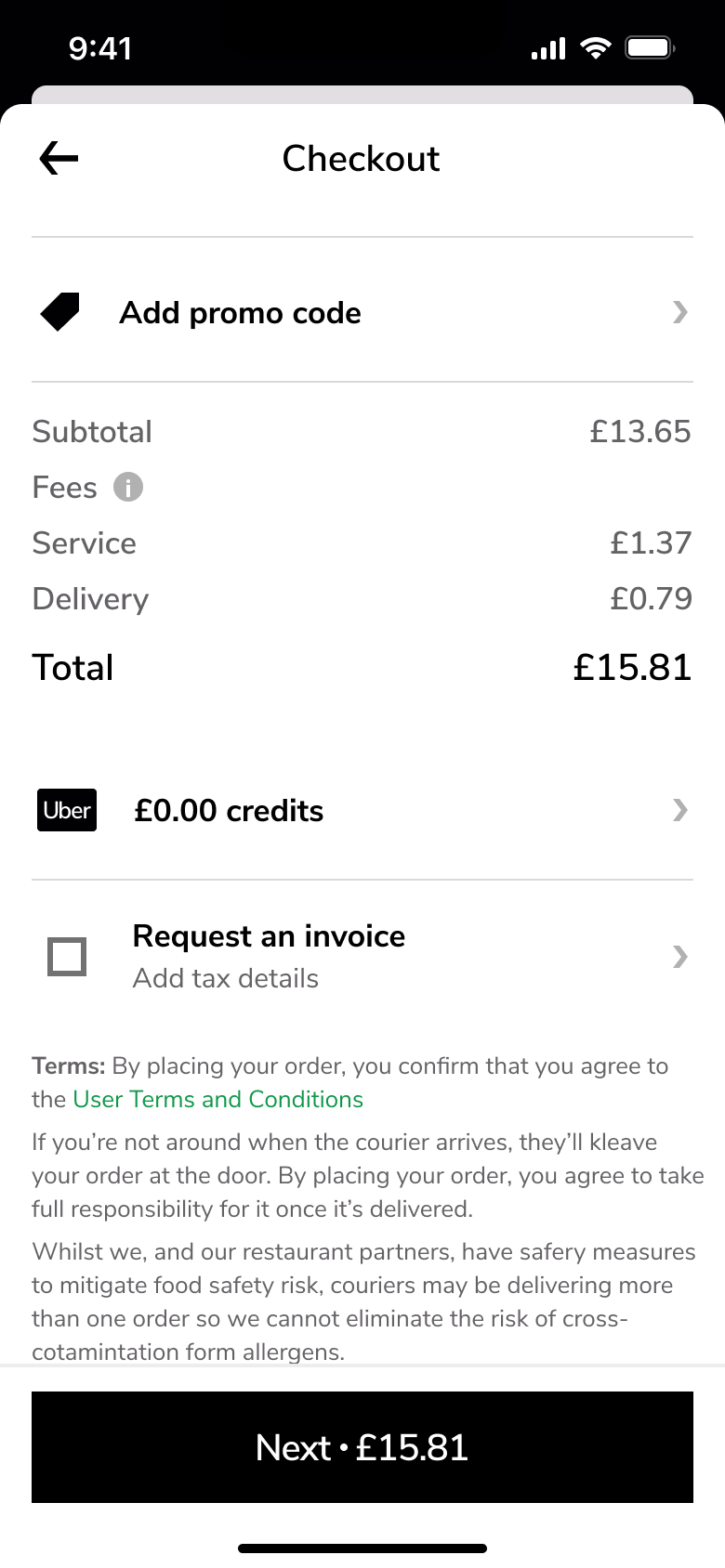 Checkout end: credits, invoice request, terms and next with total.