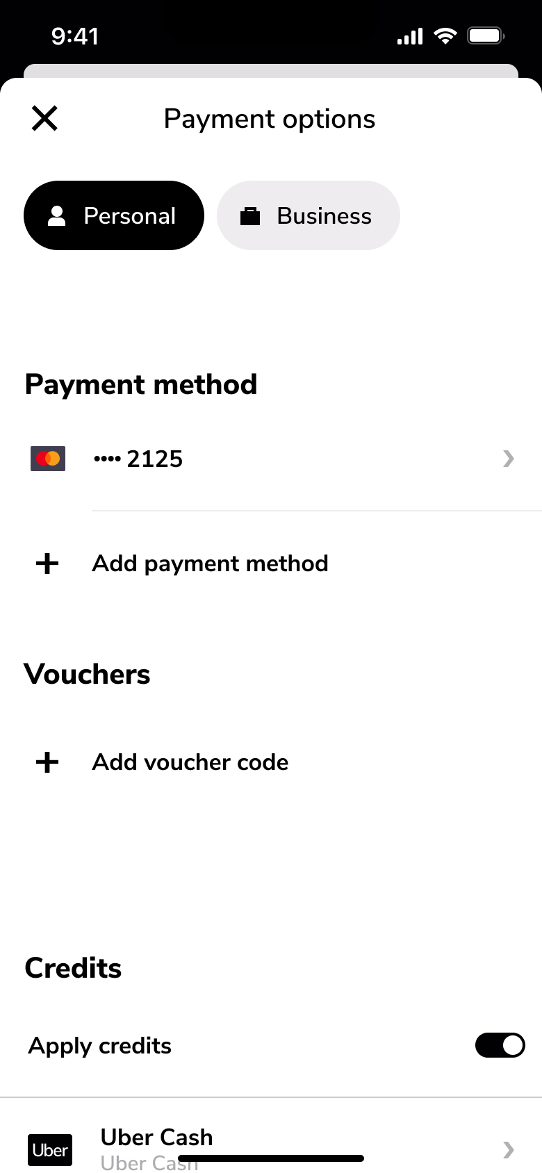 Payment options: personal or business, card, vouchers and apply credits toggle.