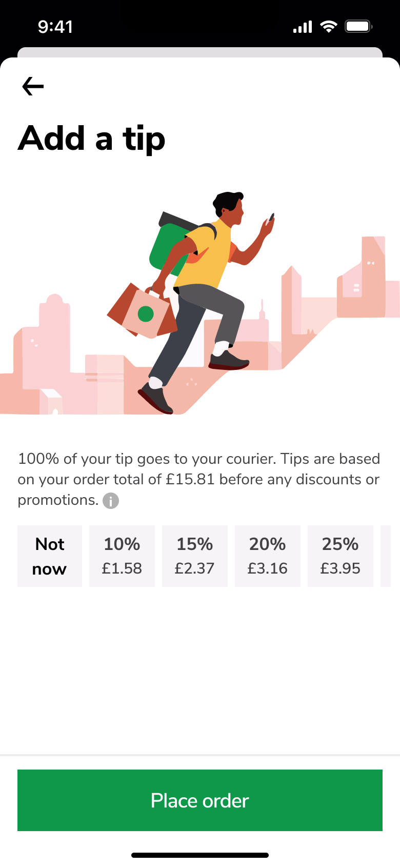 Add a tip for the courier with percentage chips and place order.