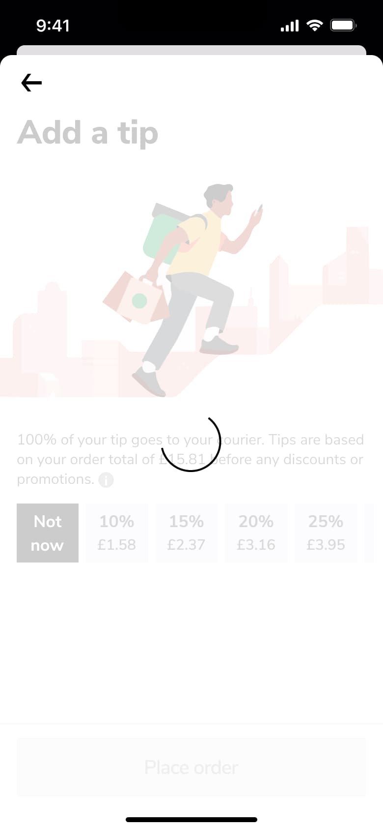 Placing order loading on the tip screen.