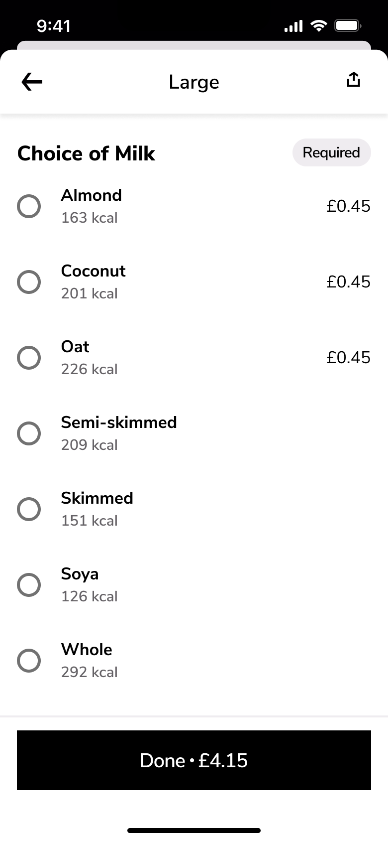 Choice of milk options with prices and calories.