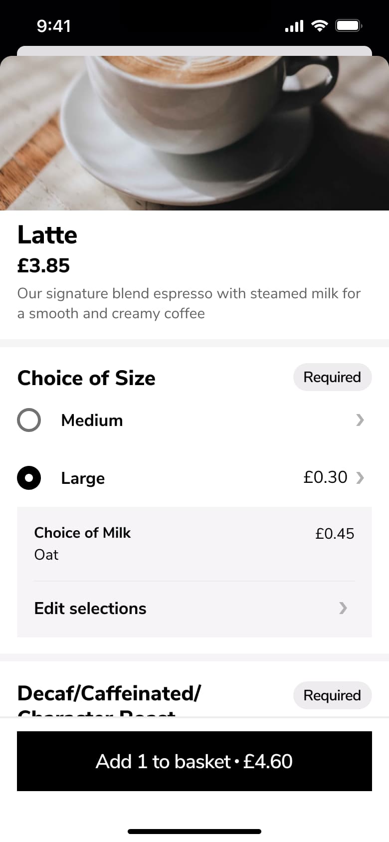 Drink with large size selected and milk choice summary.
