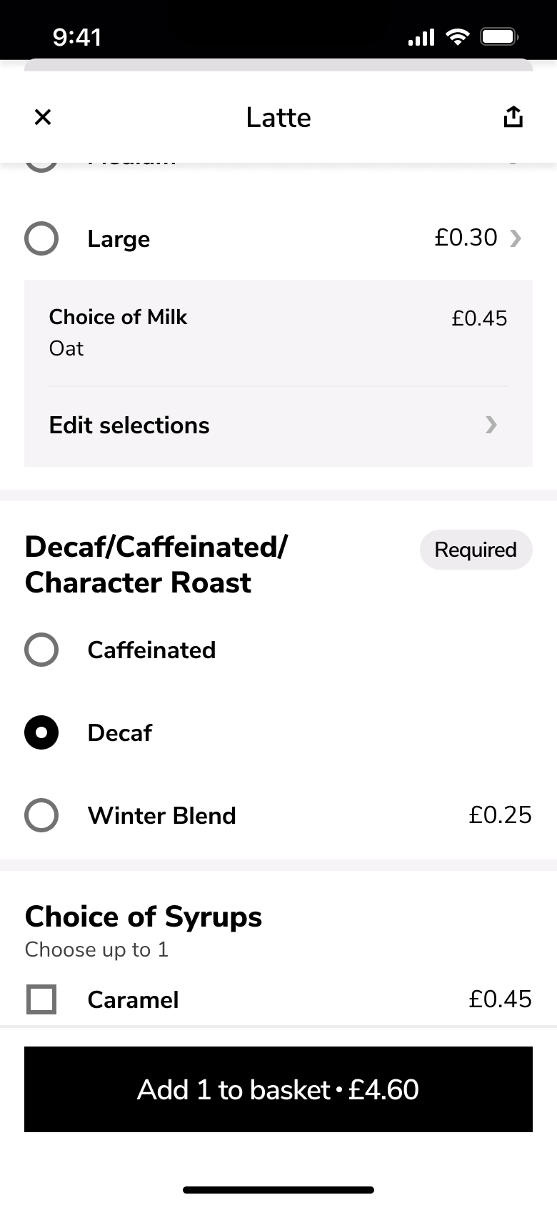 Drink options: size, milk, decaf roast and syrups.