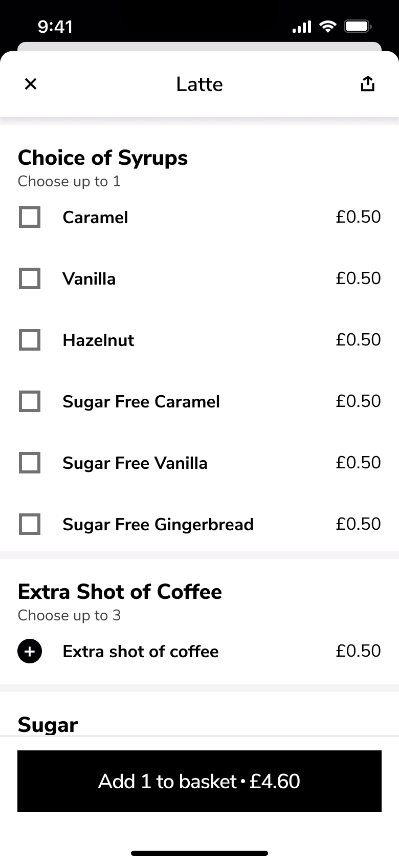 Syrup and extra shot options with prices.