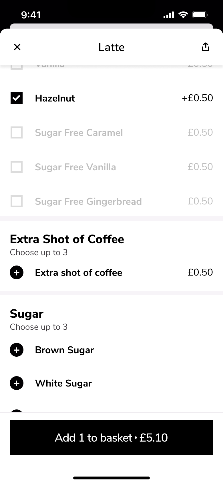 Syrup ticked with other syrups disabled, extra shot and sugar options.