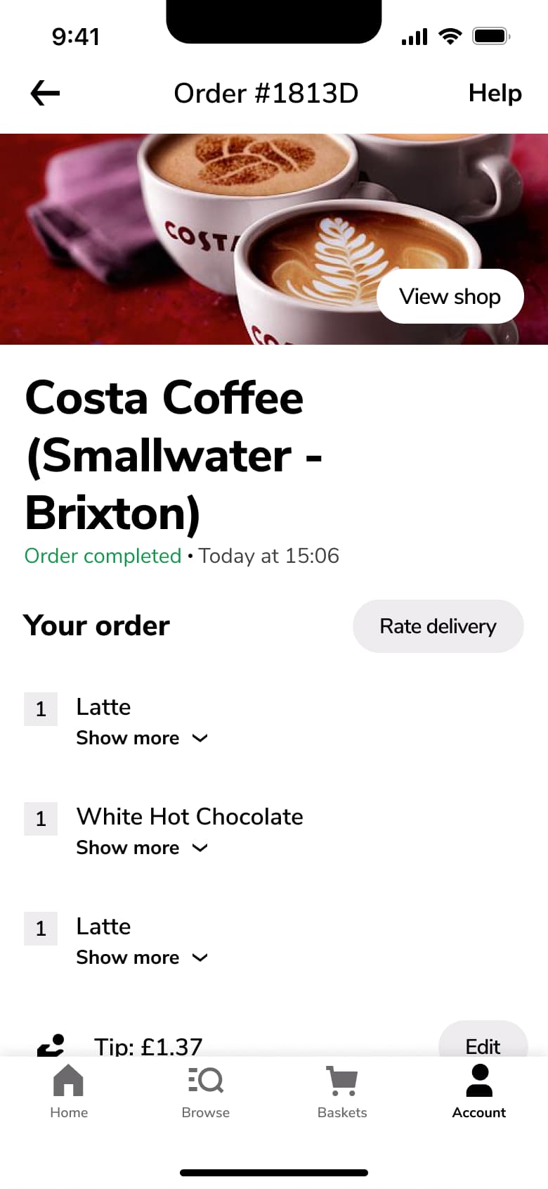 Order detail with store photo, completed status and rate delivery.