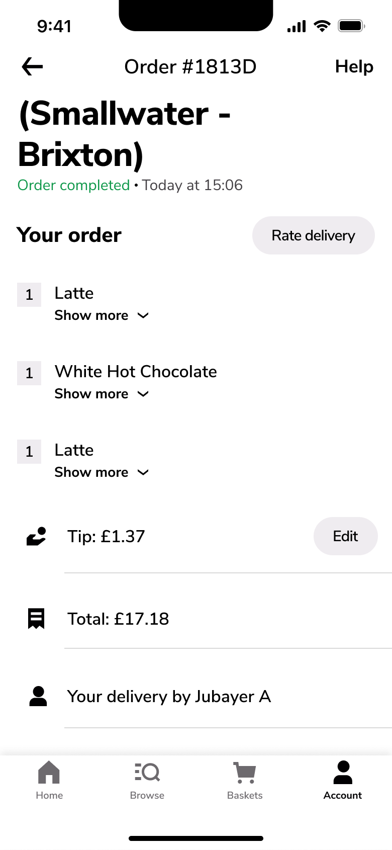 Order detail: completed order items, tip, total, courier and rate delivery.