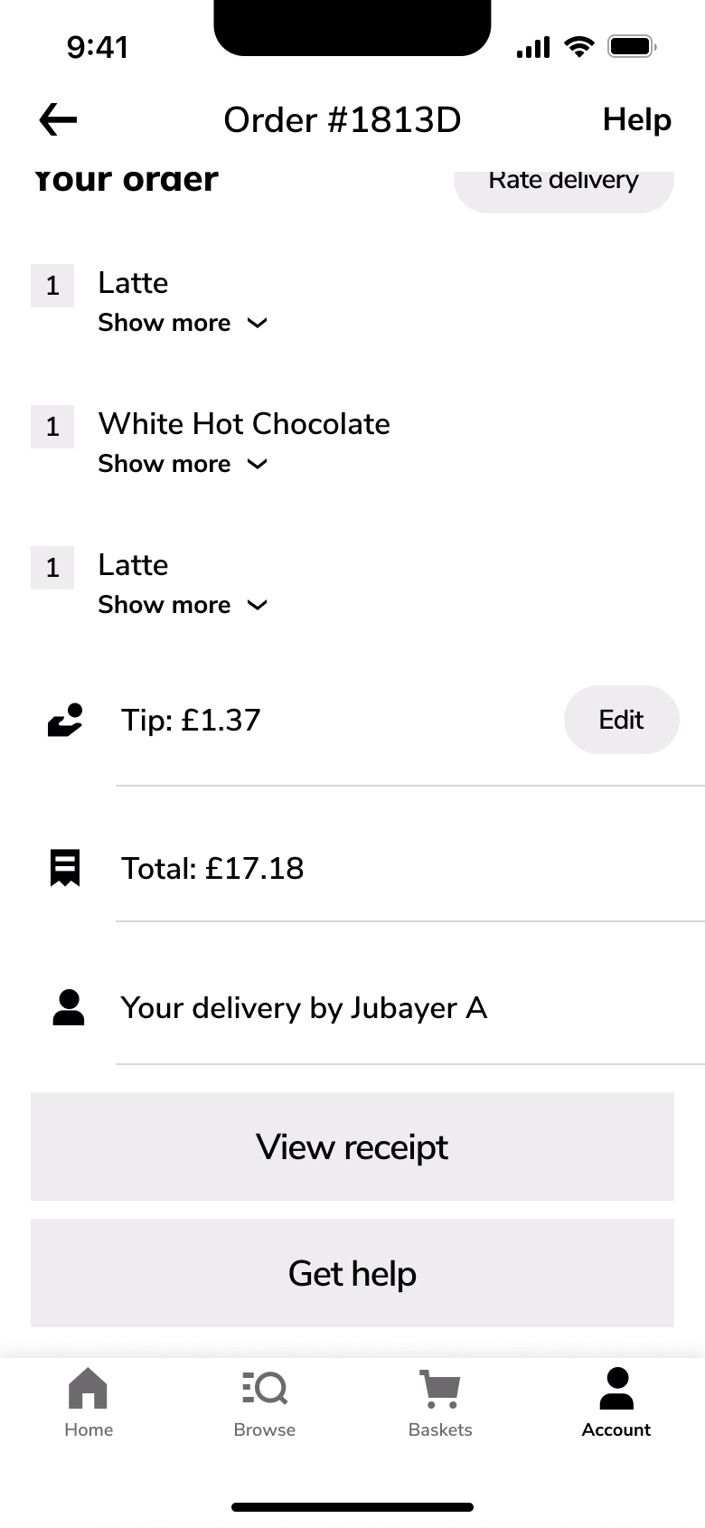 Order detail end: tip, total, courier, view receipt and get help.