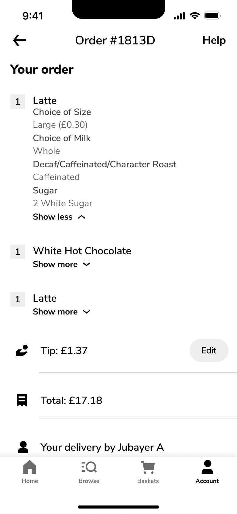 Order detail with item options expanded.