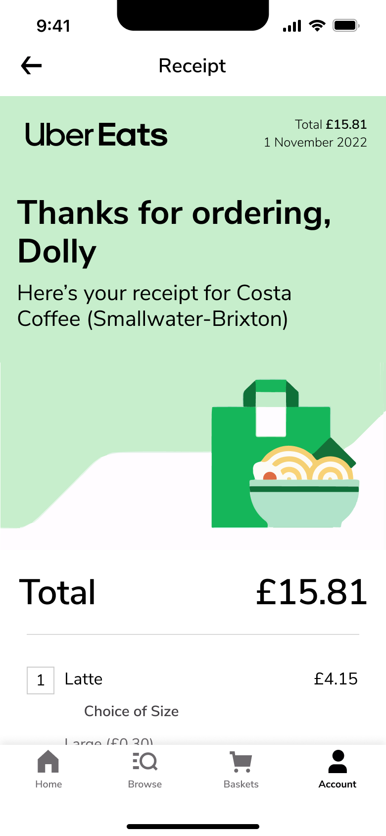 Receipt: thanks for ordering with total and items.