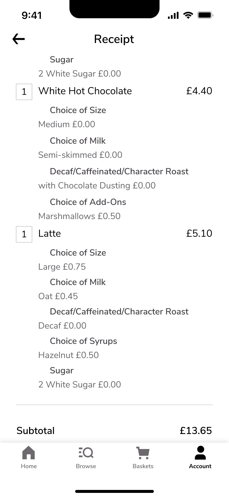 Receipt items with chosen options and prices.