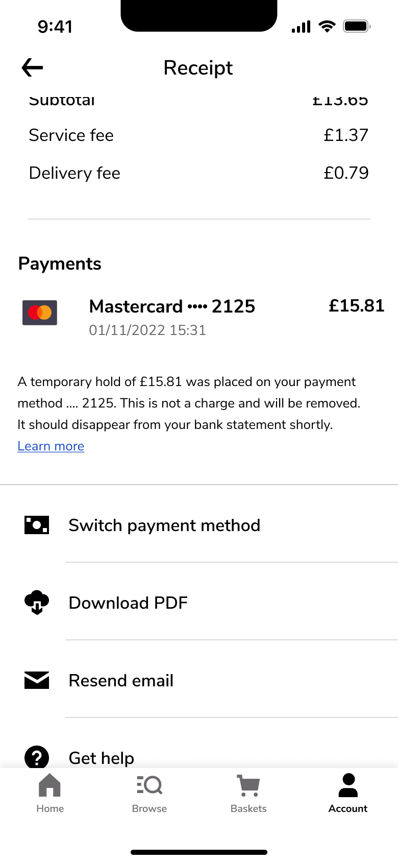 Receipt payments: card hold note, switch payment method, download PDF, resend email, get help.