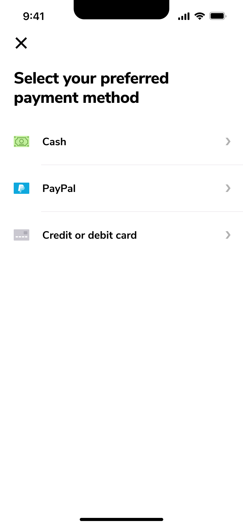 Select your preferred payment method: cash, wallet or card.