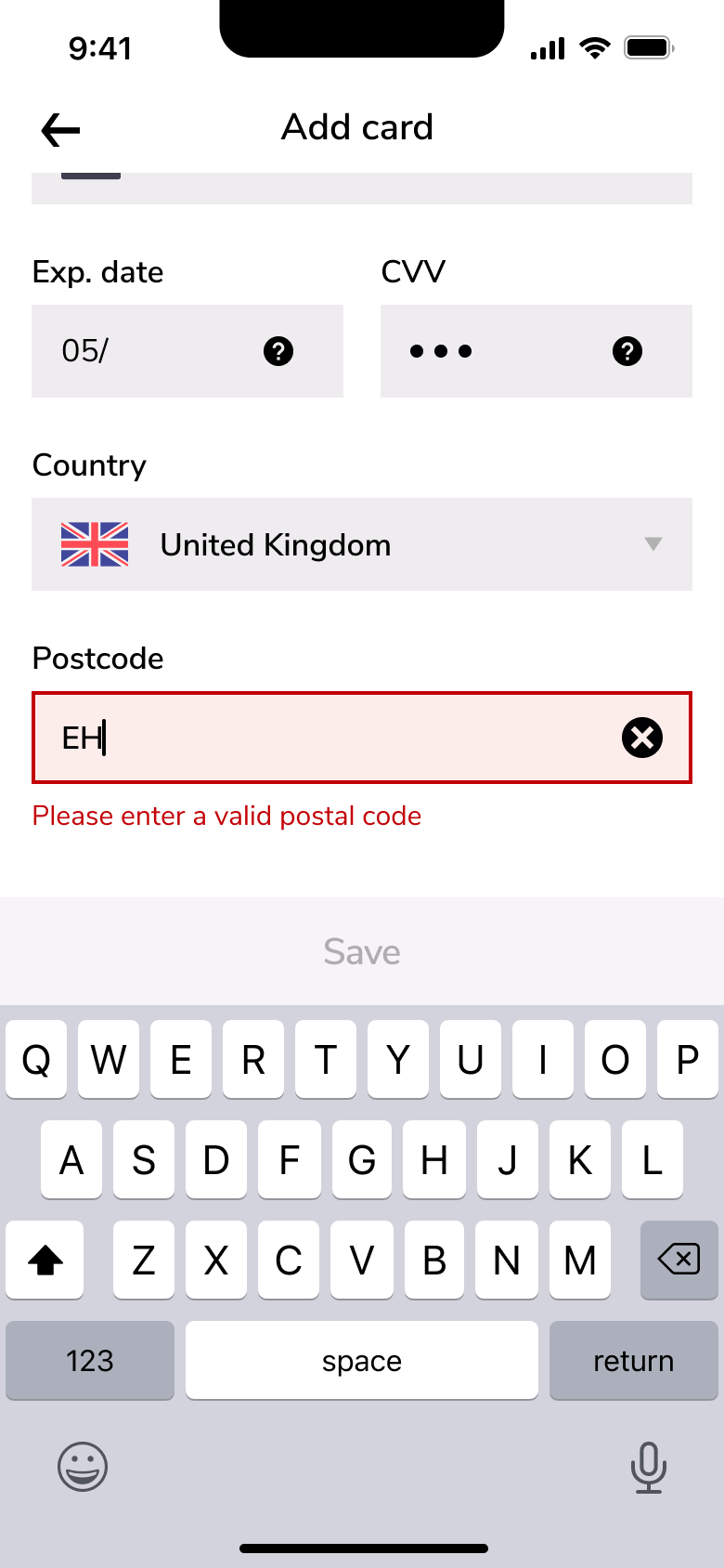 Postcode field highlighted red with error.