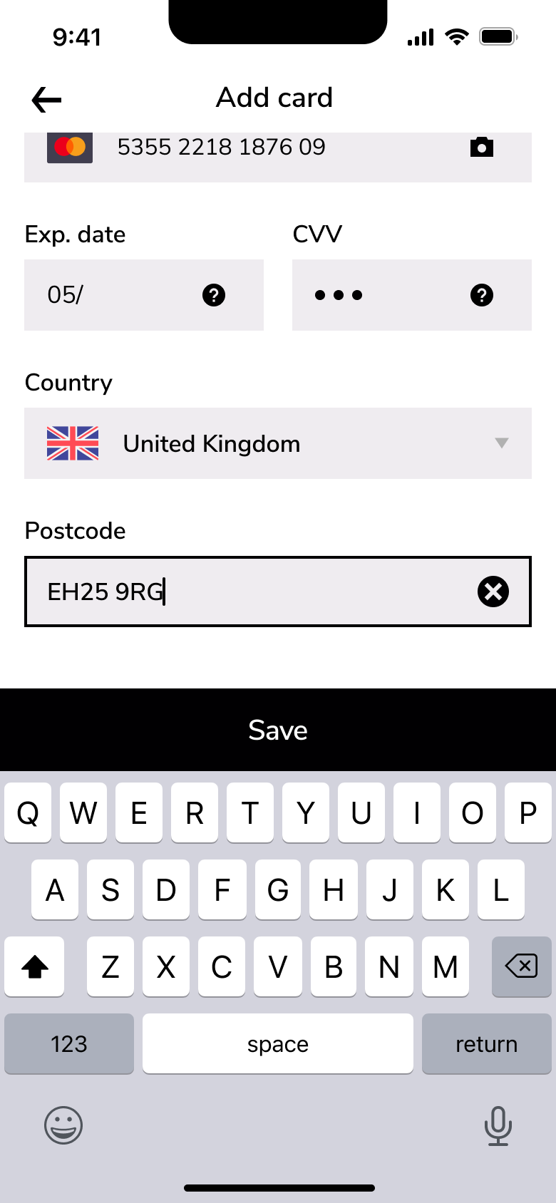 Valid postcode entered, save enabled.