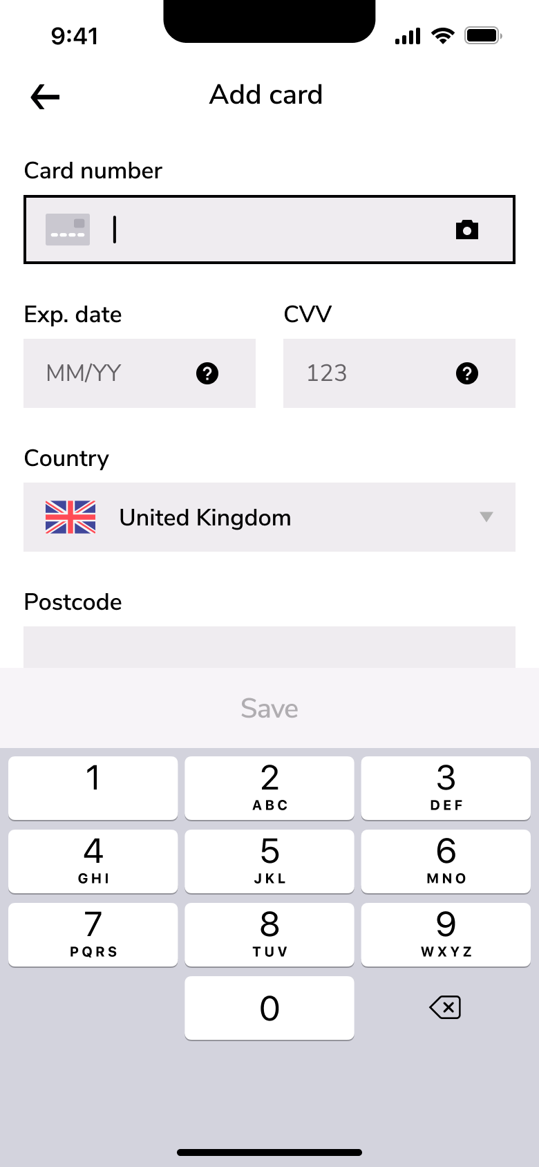 Add card: number, expiry, CVV, country and postcode.