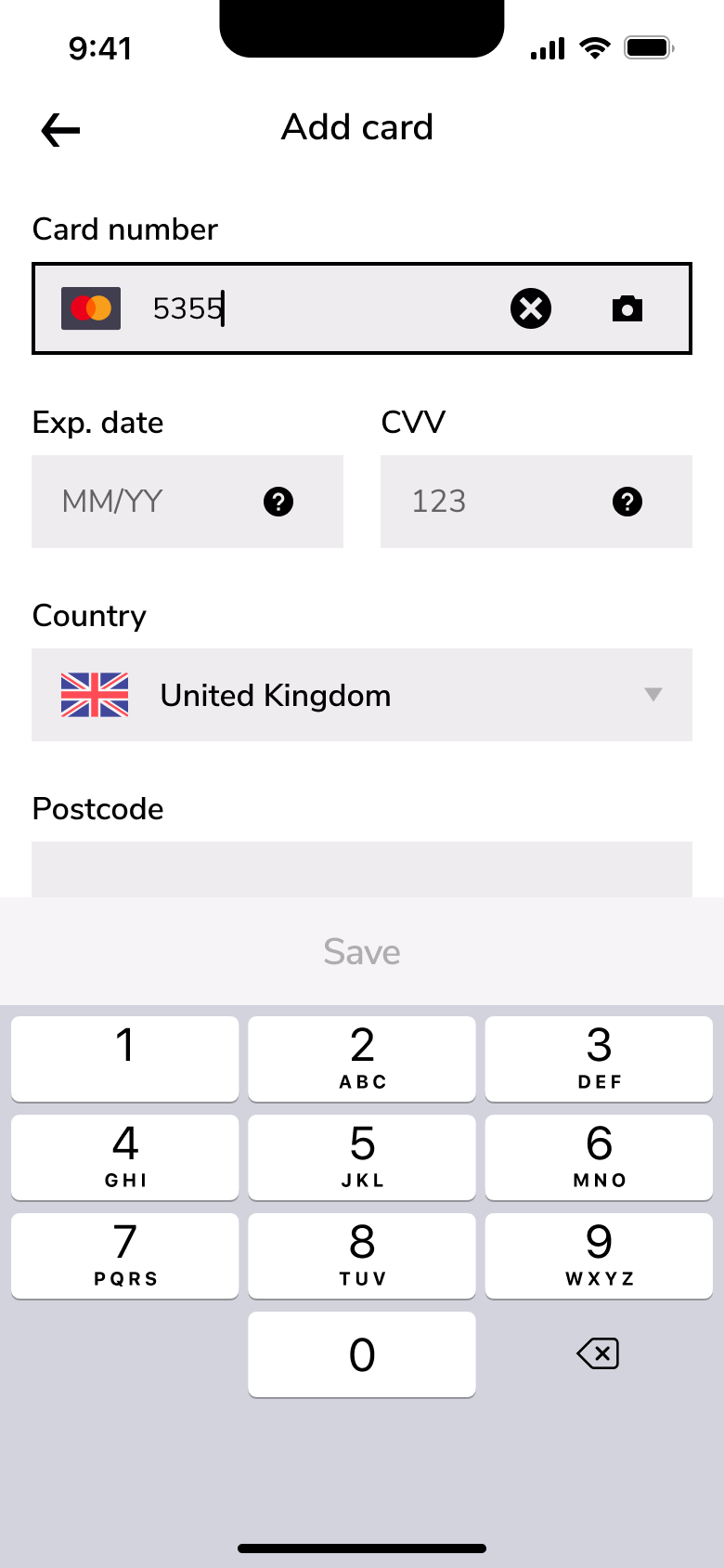 Card number being typed with card brand icon.